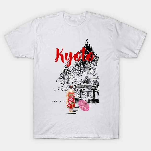 Geisha and a temple in Kyoto, Japan T-Shirt by ArtMomentum